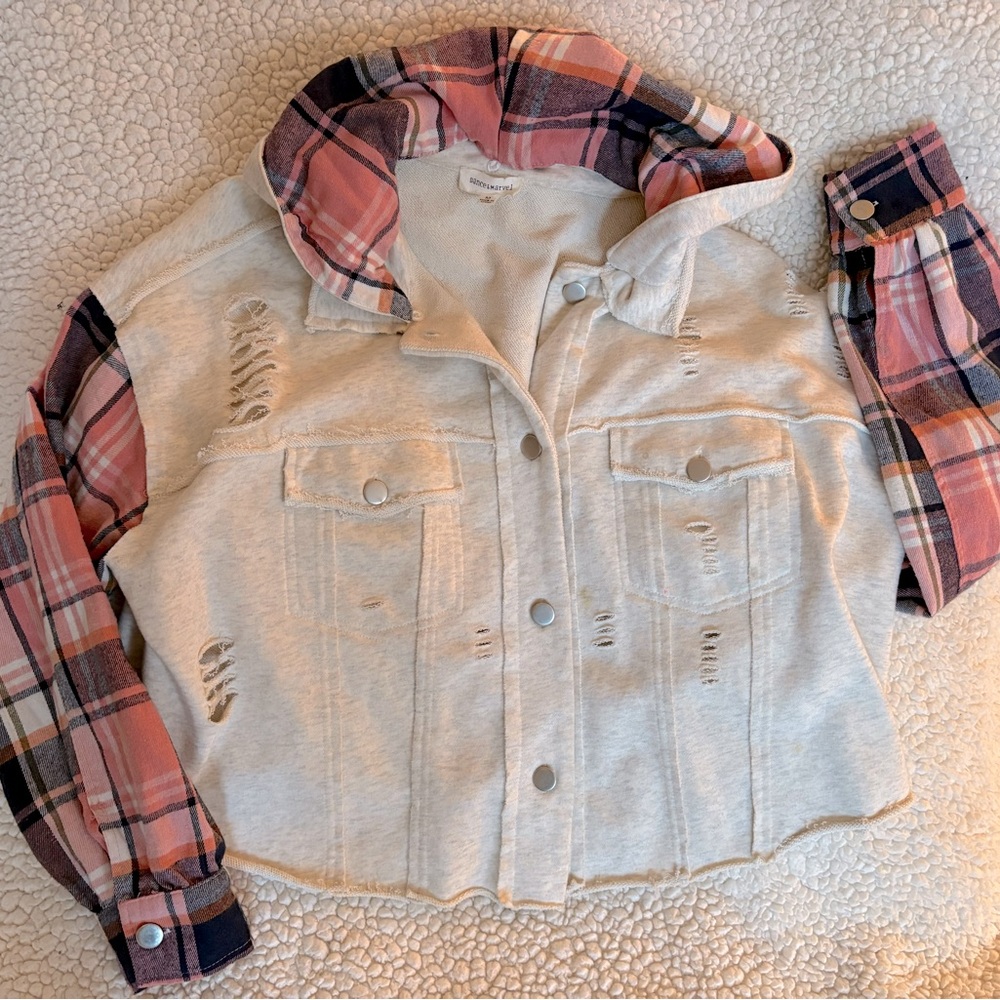 Plaid Hooded Jacket - Cream and Pink
